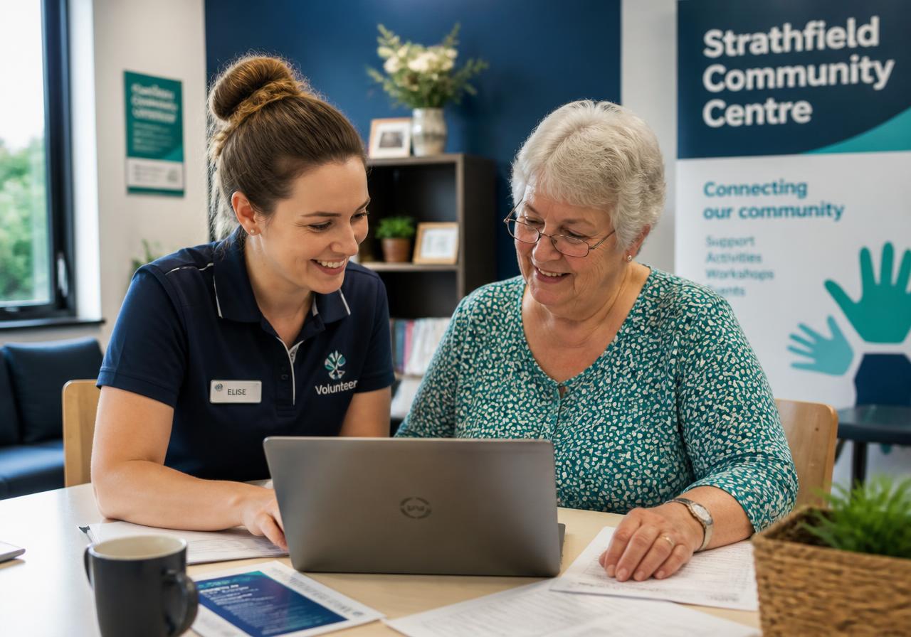 A community volunteer helping an older woman with paperwork on a laptop at a community centre