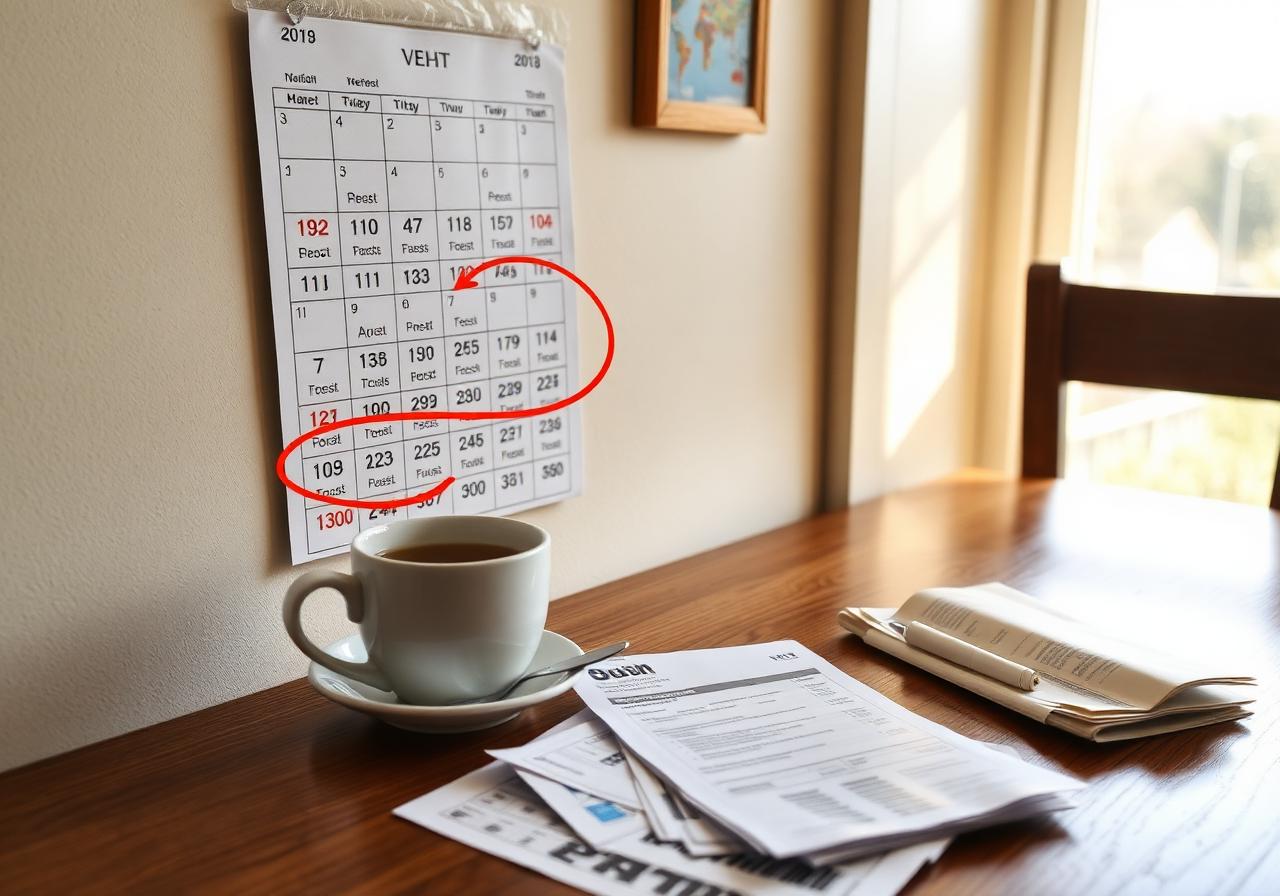 A kitchen wall calendar with payment dates circled next to household bills and a cup of tea