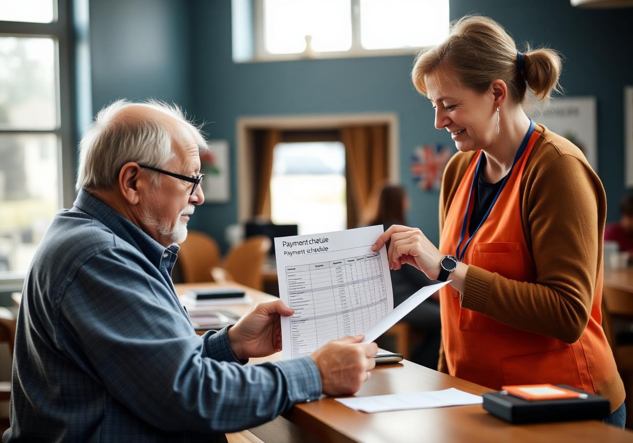 A community volunteer explaining a payment schedule printout to an older man at a community centre
