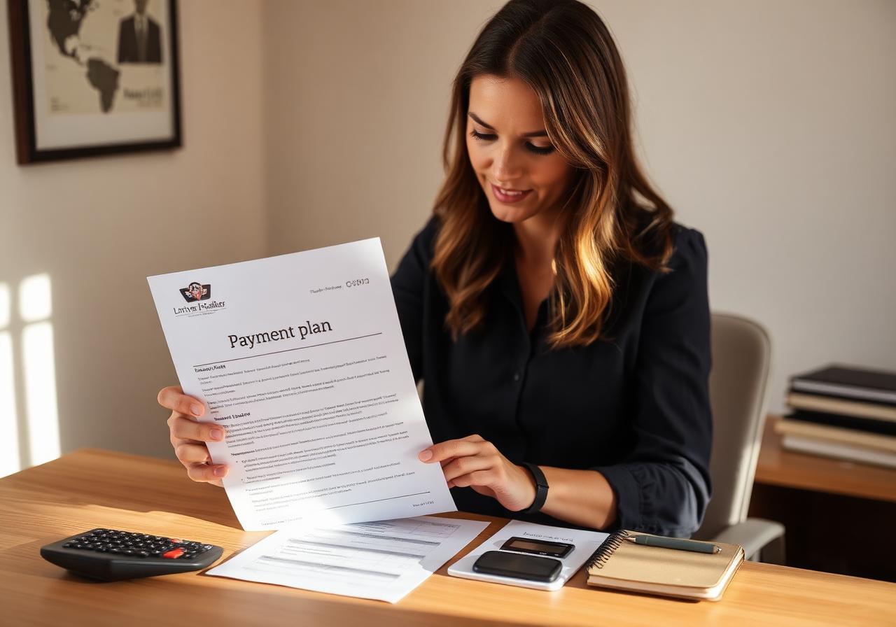 A woman at a desk reading a printed payment plan letter beside a calculator and notebook