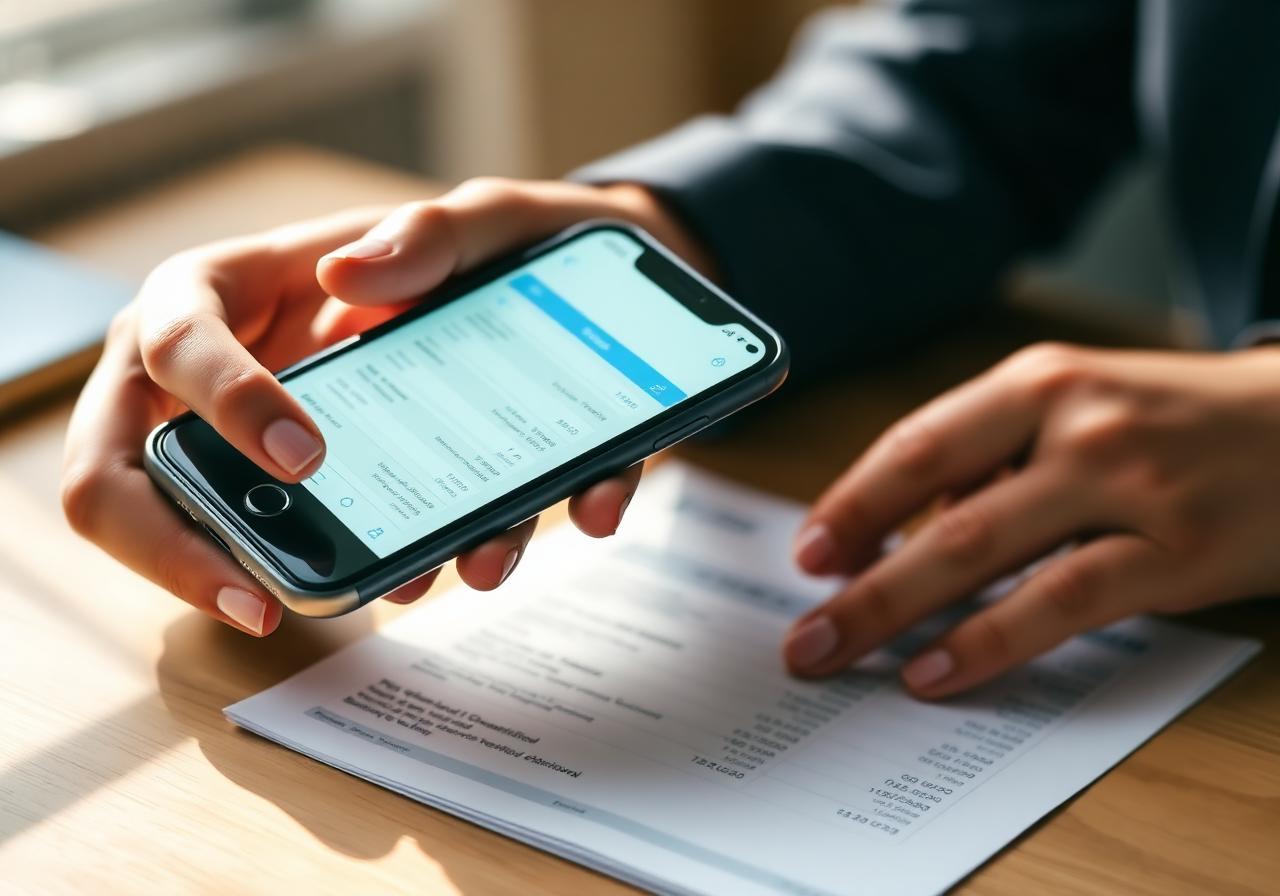 Close-up of a person checking a refund notification on a phone while holding a paper statement