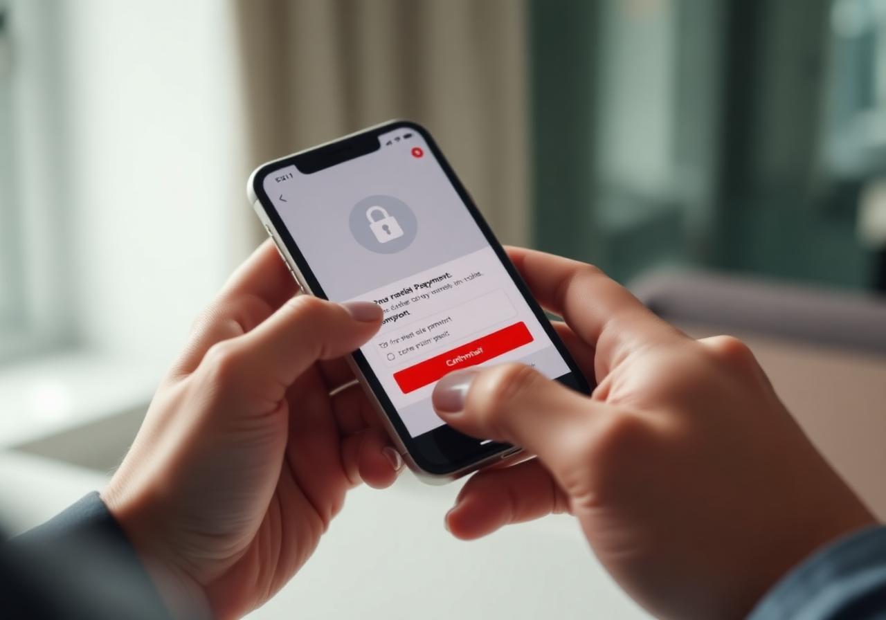 Close-up of hands holding a smartphone showing a secure payment confirmation screen
