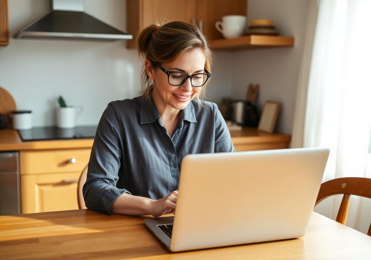 A woman reviewing her government payment statement on a laptop at her kitchen table